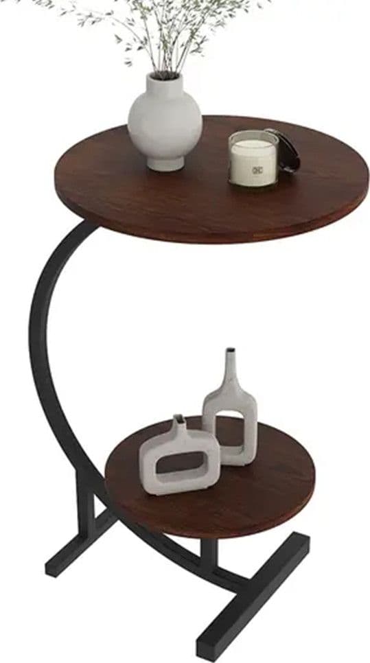 TAVOLINO A 2 LIVELLI ROTONDO FORMA DI C IN METALLO CON RIPIANI IN LEGNO PER SALOTTO 62207 - 3