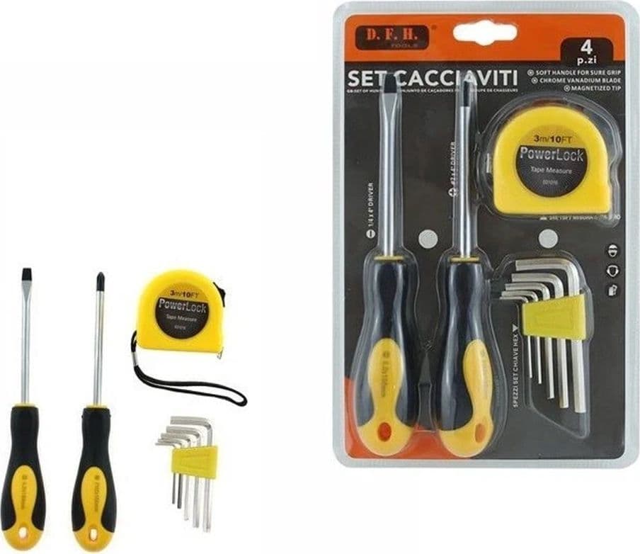 SET ATTREZZI MANUALI 4PZ CACCIAVITI CON METRO CHIAVI ESAGONALI PER LAVORI BRICOLAGE 74690 - 2