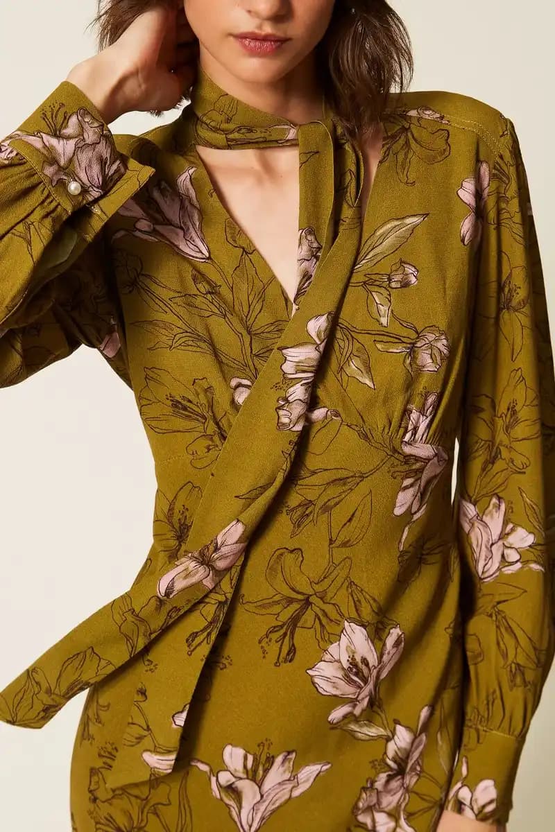 Abito midi in crêpe de Chine floreale | TWINSET - 4