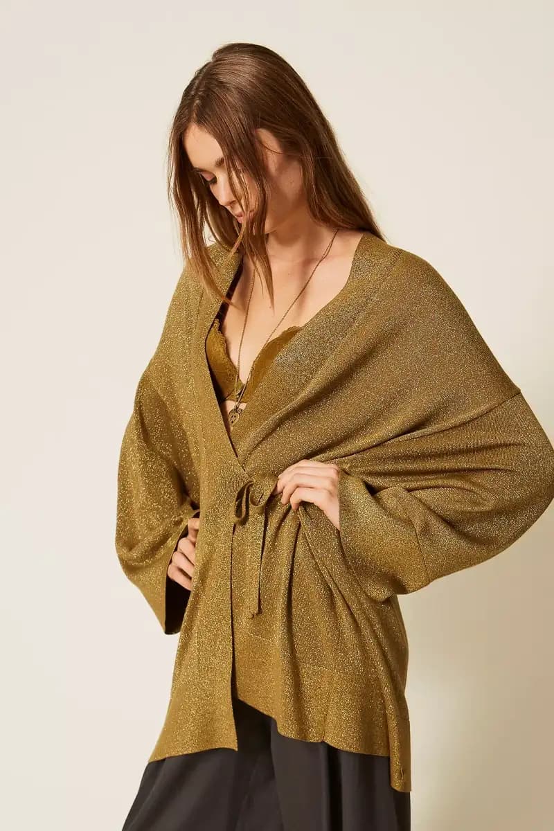 Cardigan kimono in maglia lurex con cintura | TWINSET