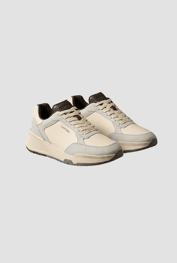 calvin klein scarpe runner in pelle da uomo panna-grigio - 2