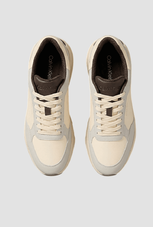 calvin klein scarpe runner in pelle da uomo panna-grigio - 3