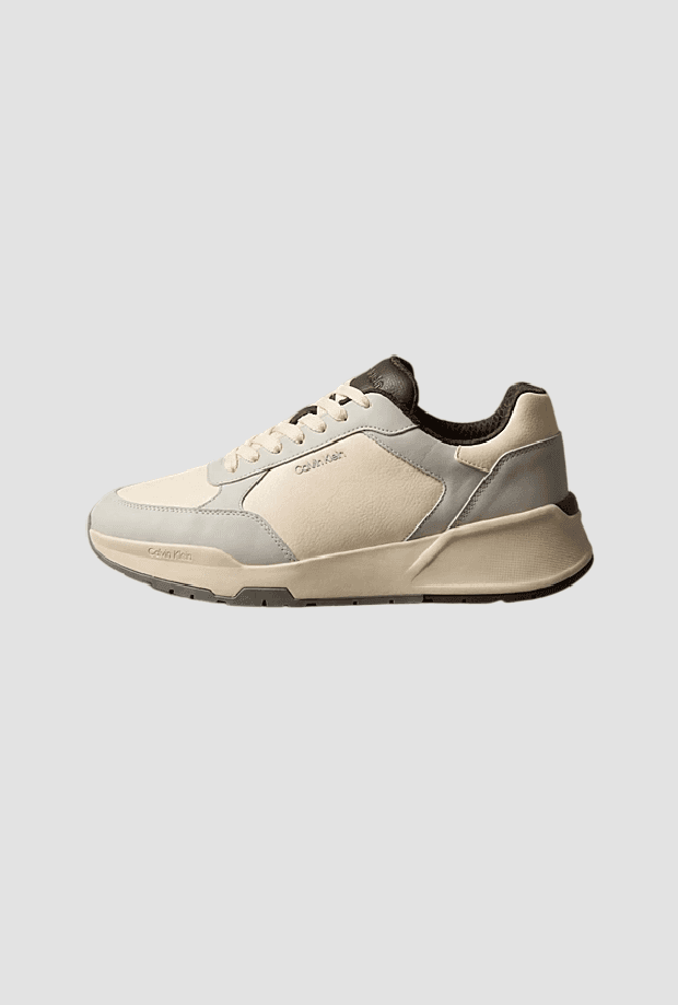 calvin klein scarpe runner in pelle da uomo panna-grigio - 4