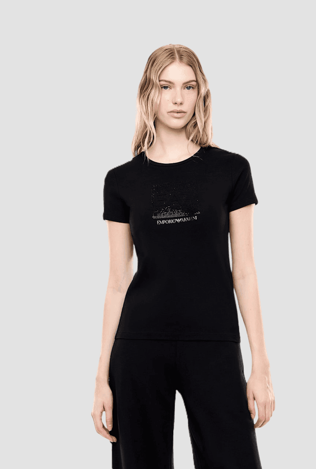 EA7 t-shirt con logo in strass da donna nero - 3
