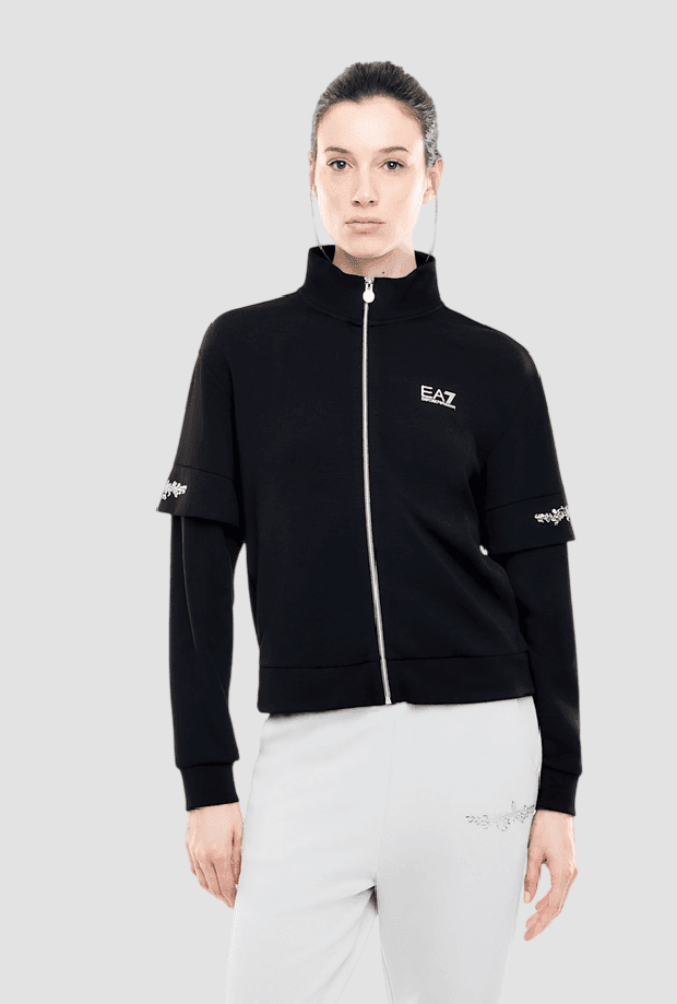EA7 felpa full zip con dettagli in strass sulle maniche da donna nero - 3