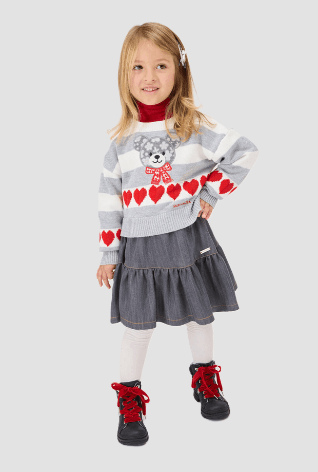 MONNALISA pullover con orsetto e cuori a righe bambina grigio-panna - 3