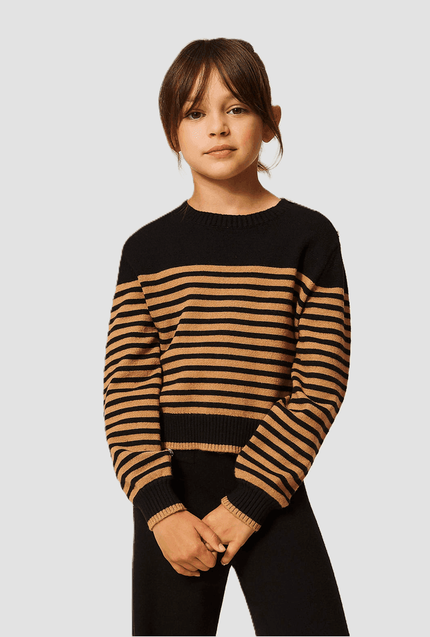 TWINSET maglia a righe con bottoni spalla bambina nero-marrone - 2