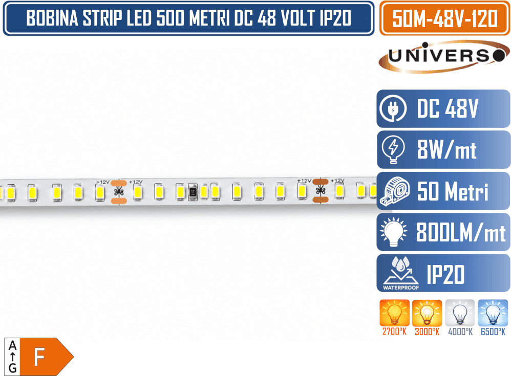 UNIVERSO 50M-48V-120 STRIP LED  48V DC 50 METRI 8W/M 120 LED/M SMD 2835 IP20 – 2700K 3000K 4000K 6500K IP20 - 4