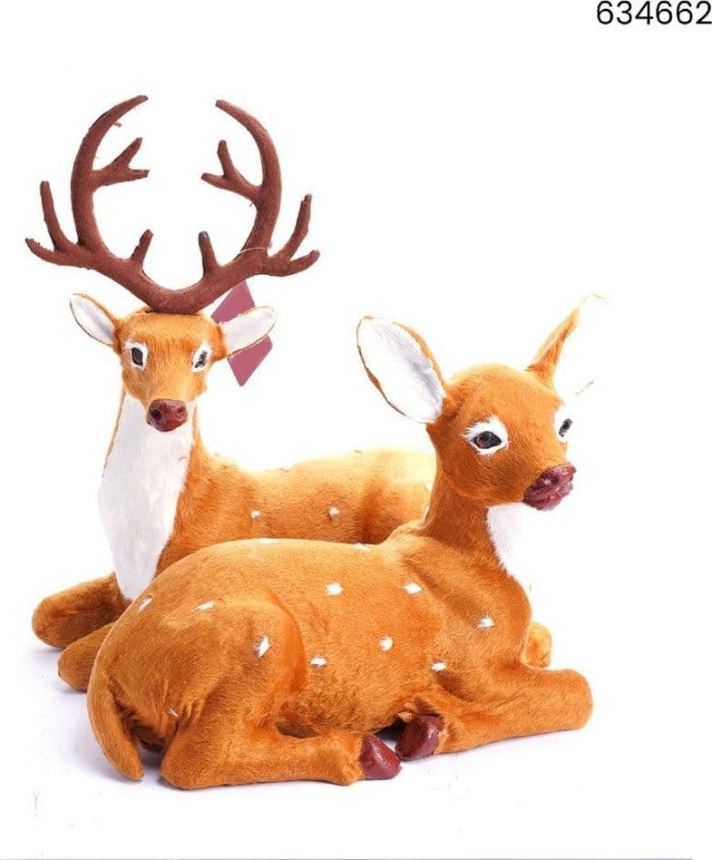 SET STATUINE FORMA COPPIA DI RENNE SDRAIATE DECORATIVE NATALIZIE ORNAMENTI PER CASA 634662 - 2