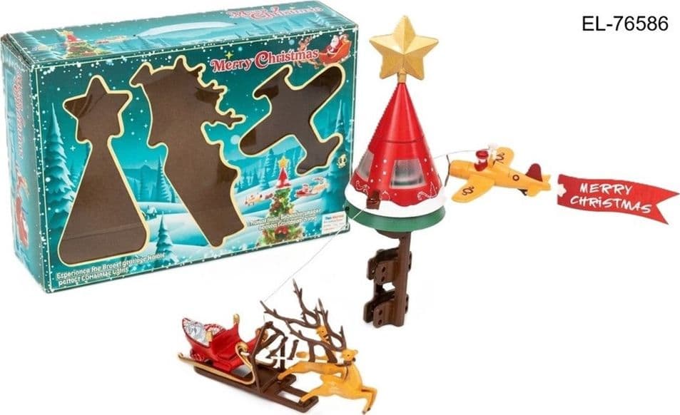 PUNTALE CAPPELLO ROTANTE ELETTRICO PER ALBERO NATALE CON SLITTA RENNA AEREOPLANO EL-76586 - 2