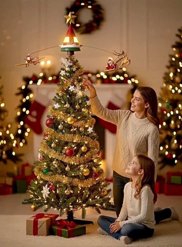 PUNTALE CAPPELLO ROTANTE ELETTRICO PER ALBERO NATALE CON SLITTA RENNA AEREOPLANO EL-76586 - 3