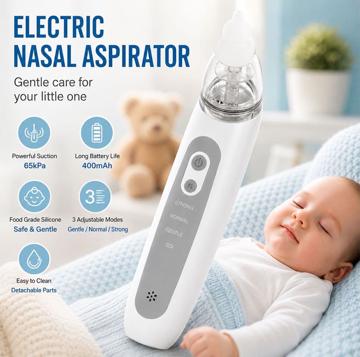 Aspiratore Nasale Elettrico per Neonati e Bambini Pulitore Nasale Automatico con Musica Rilassante Luci LED e 3 Punte in Silicone Morbido Ricaricabile - 2