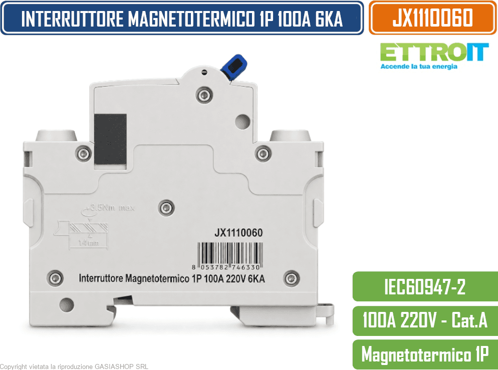 ETTROIT JX1110060 INTERRUTTORE MAGNETOTERMICO 1P 100A 6KA 220V 1 MODULO GUIDA DIN - 3