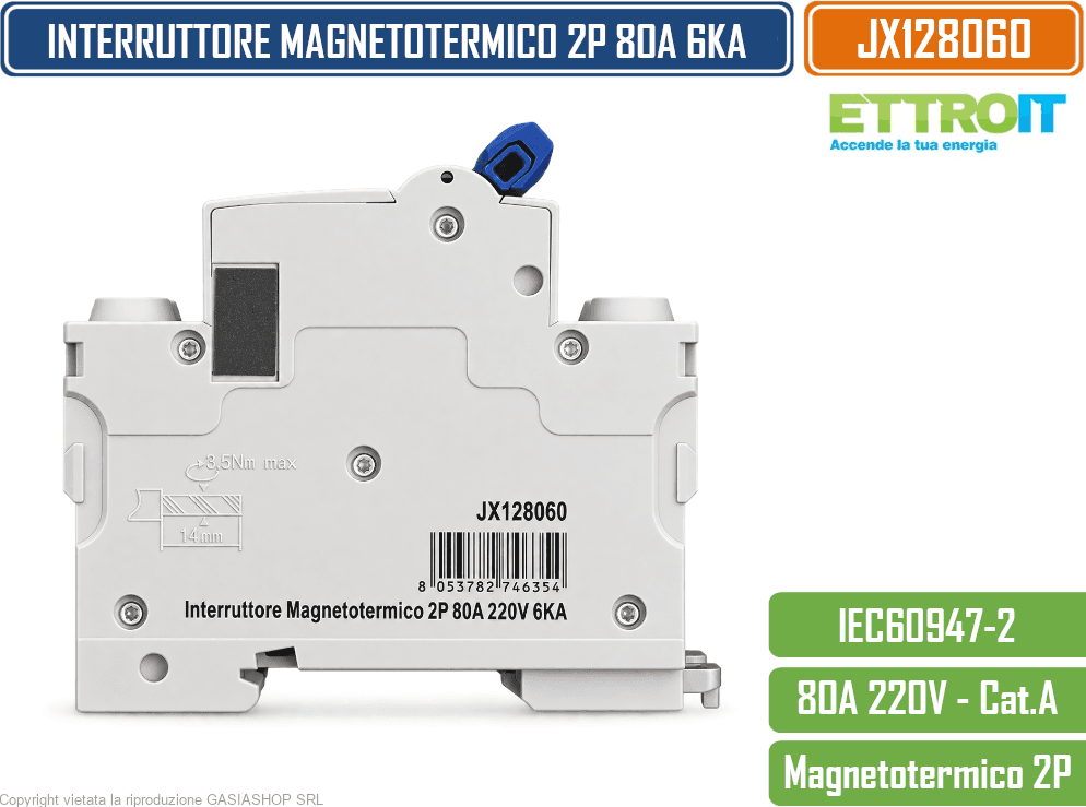 ETTROIT JX128060 INTERRUTTORE MAGNETOTERMICO 2P 80A 6KA 220V AC 2 MODULI GUIDA DIN - 3