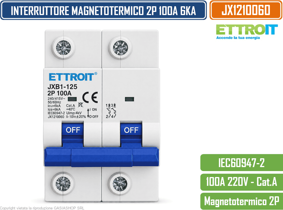 ETTROIT JX128060 INTERRUTTORE MAGNETOTERMICO 2P 100A 6KA 220V 2 MODULI GUIDA DIN - 2