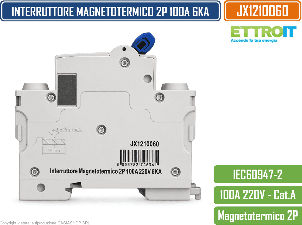 ETTROIT JX128060 INTERRUTTORE MAGNETOTERMICO 2P 100A 6KA 220V 2 MODULI GUIDA DIN - 3