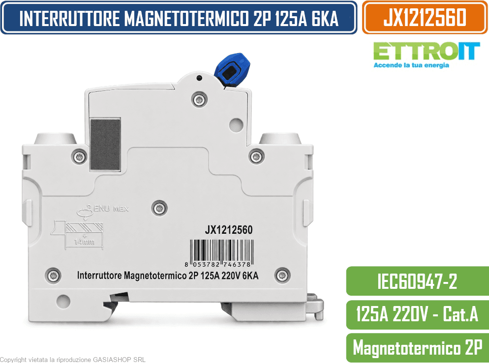 ETTROIT JX1212560 INTERRUTTORE MAGNETOTERMICO 2P 125A 6KA 220V AC 2 MODULI GUIDA DIN - 3