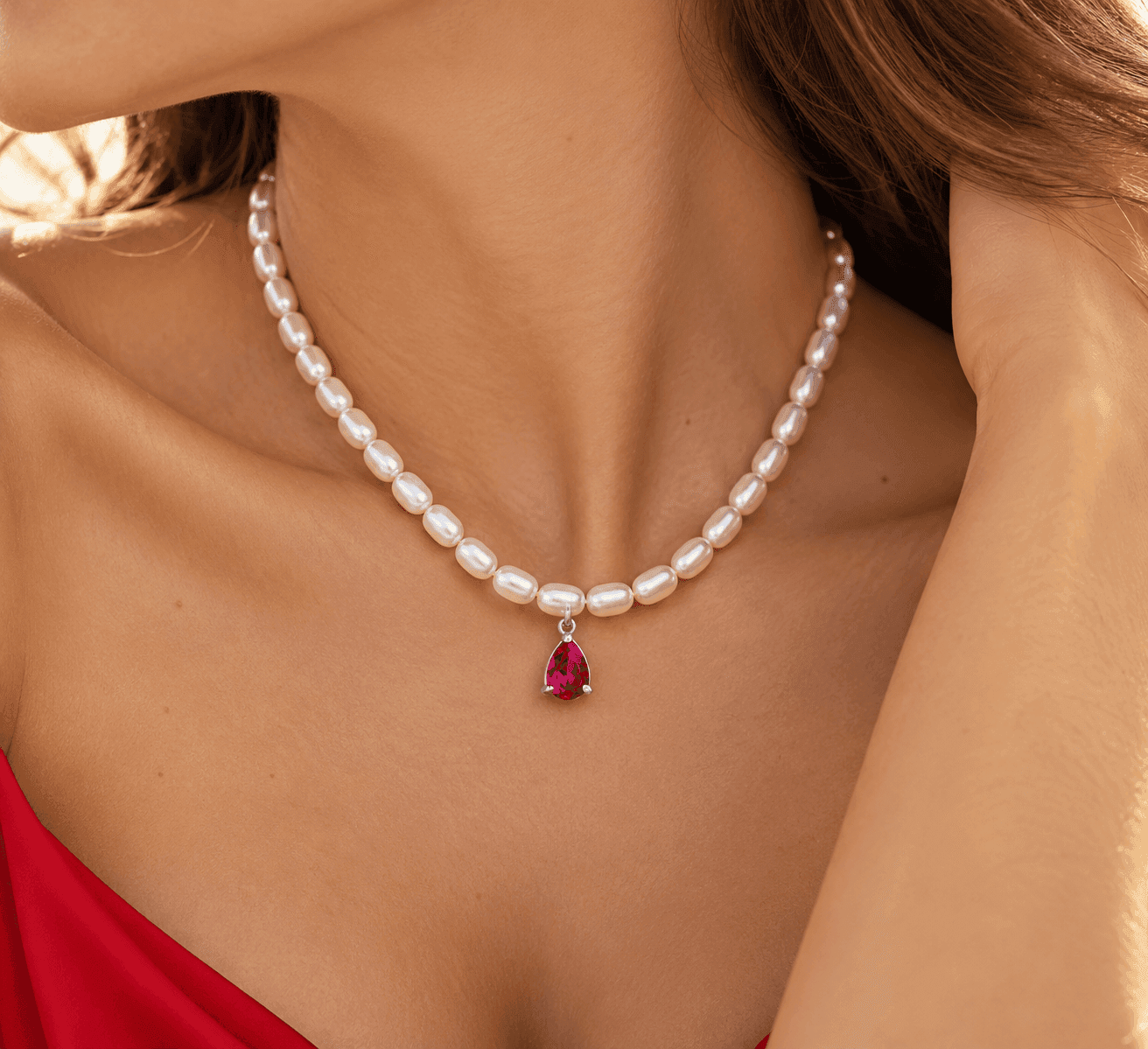 Ops Object -   Collana perle bianche ovali e pendente cristallo goccia vari colori - 2