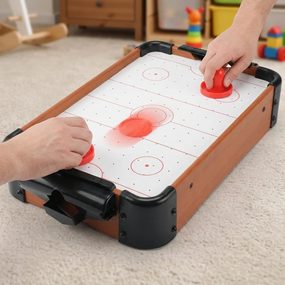 MINI AIR HOCKEY DA TAVOLO IN LEGNO GIOCO PORTATILE 50X30CM CON MANOPOLE DISCHETTI 237426 - 6
