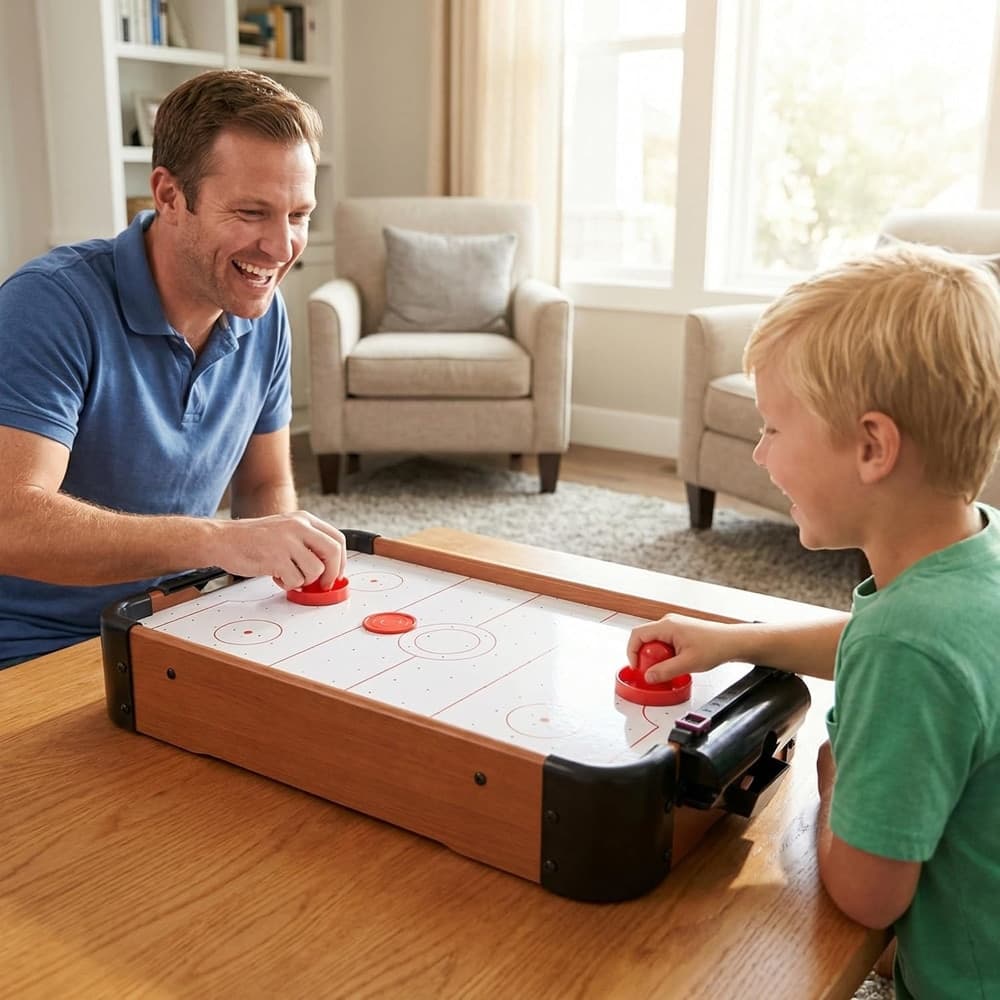 MINI AIR HOCKEY DA TAVOLO IN LEGNO GIOCO PORTATILE 50X30CM CON MANOPOLE DISCHETTI 237426 - 8