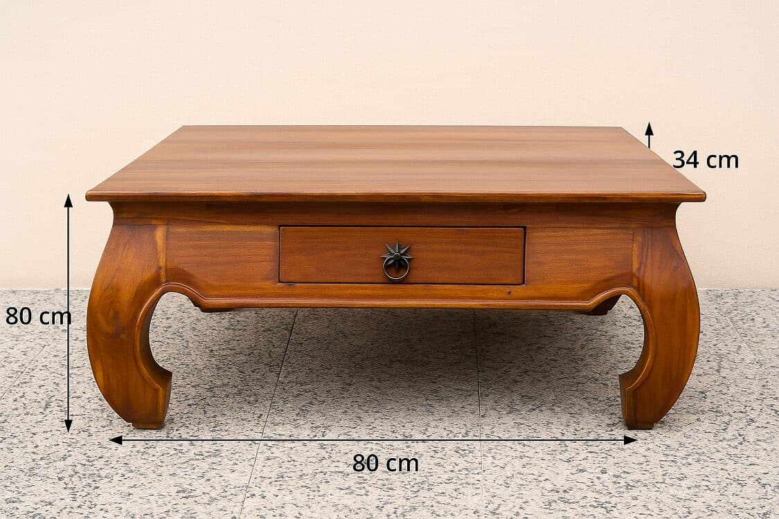 Tavolino da Fumo Stile Opium in Teak Massello – 80x80x34 cm – Fatto a Mano in Indonesia