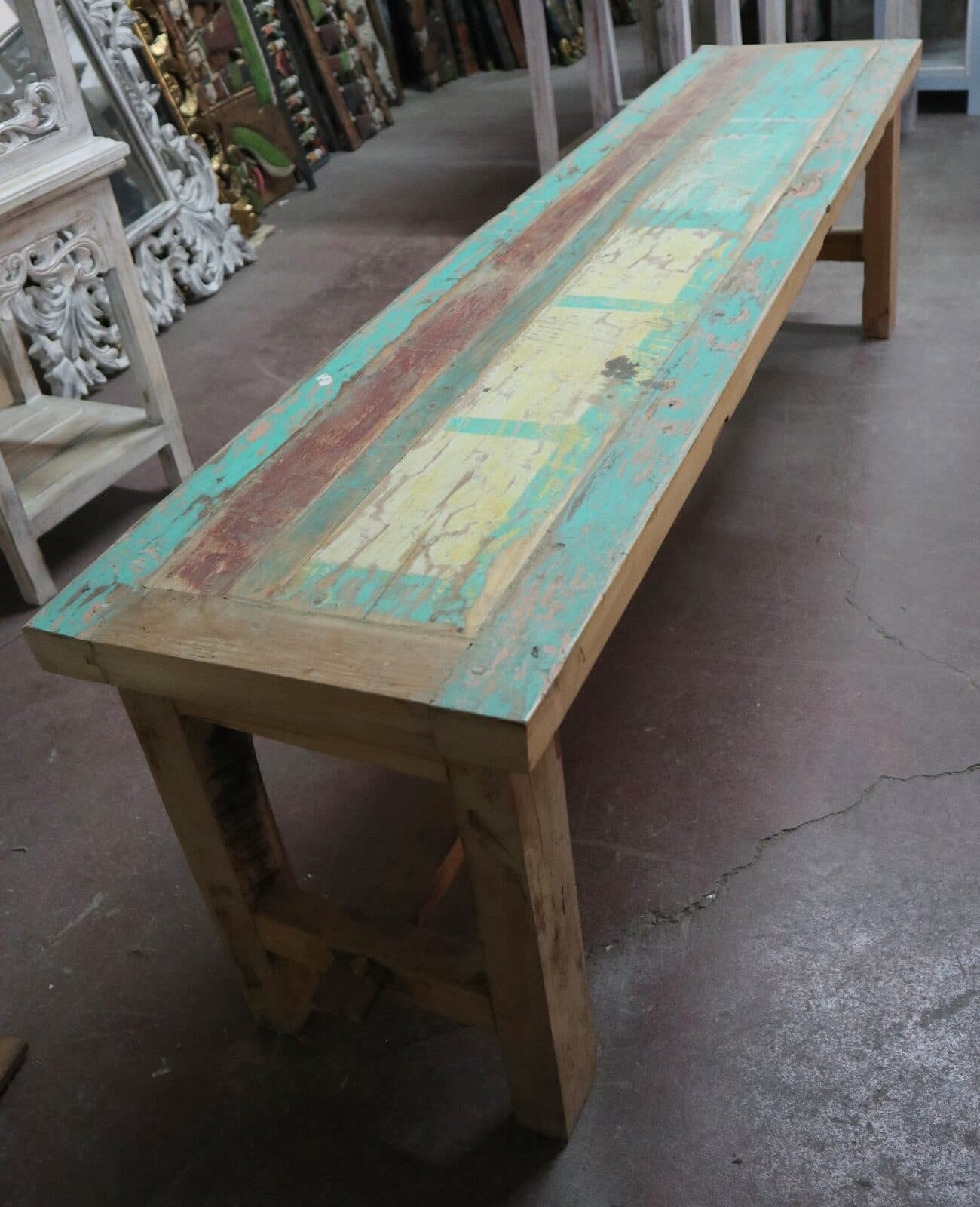 Panca in legno massello riciclato 160x35x46h – Arredo artigianale fatto a mano in Indonesia - 8
