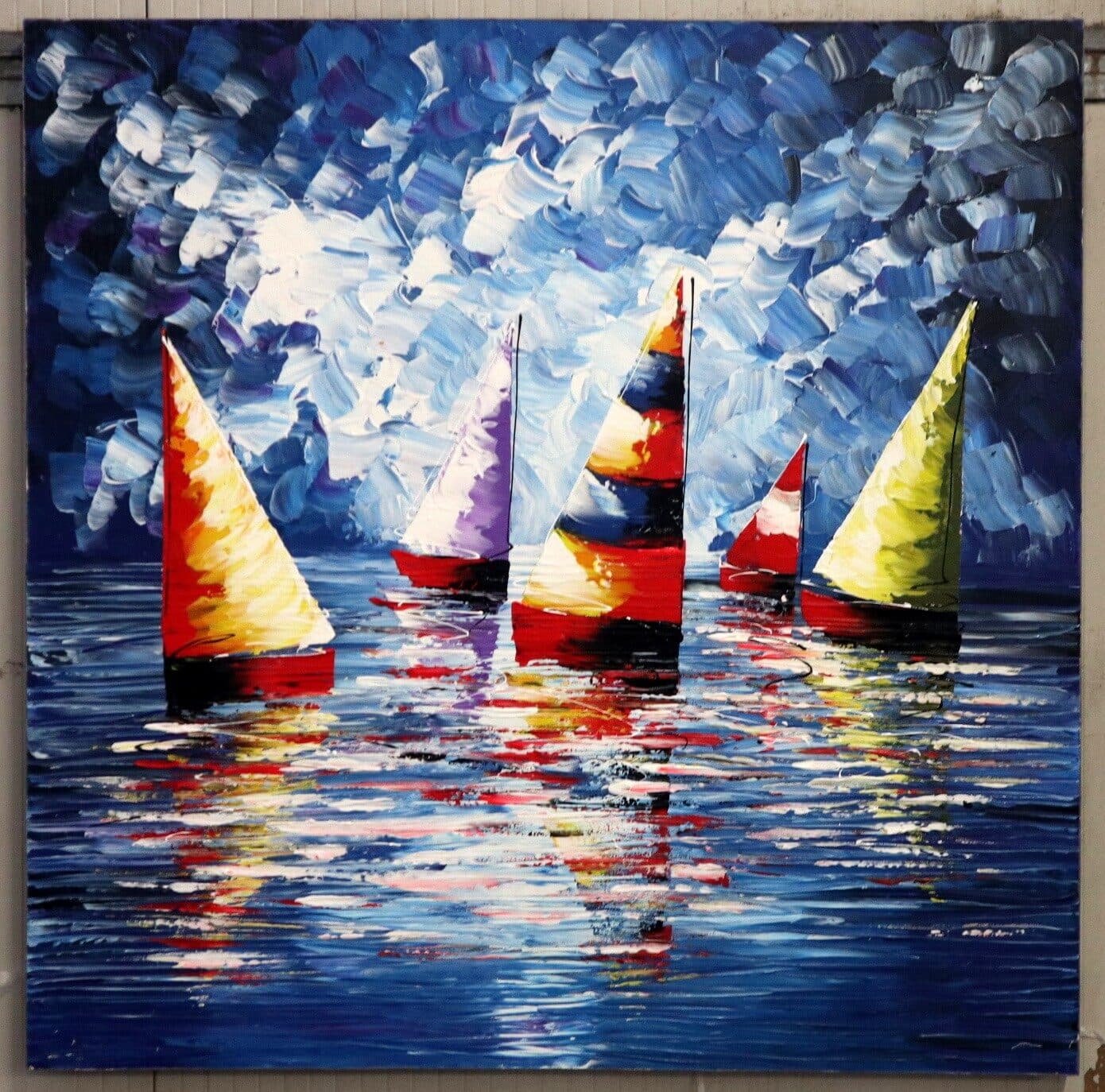 Quadro Vele Colorate su Mare – Dipinto a Mano in Acrilico, Arte Indonesiana per Case Moderne e Ambienti Coastal - 2