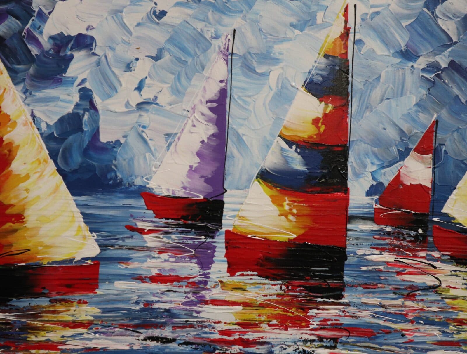 Quadro Vele Colorate su Mare – Dipinto a Mano in Acrilico, Arte Indonesiana per Case Moderne e Ambienti Coastal - 4