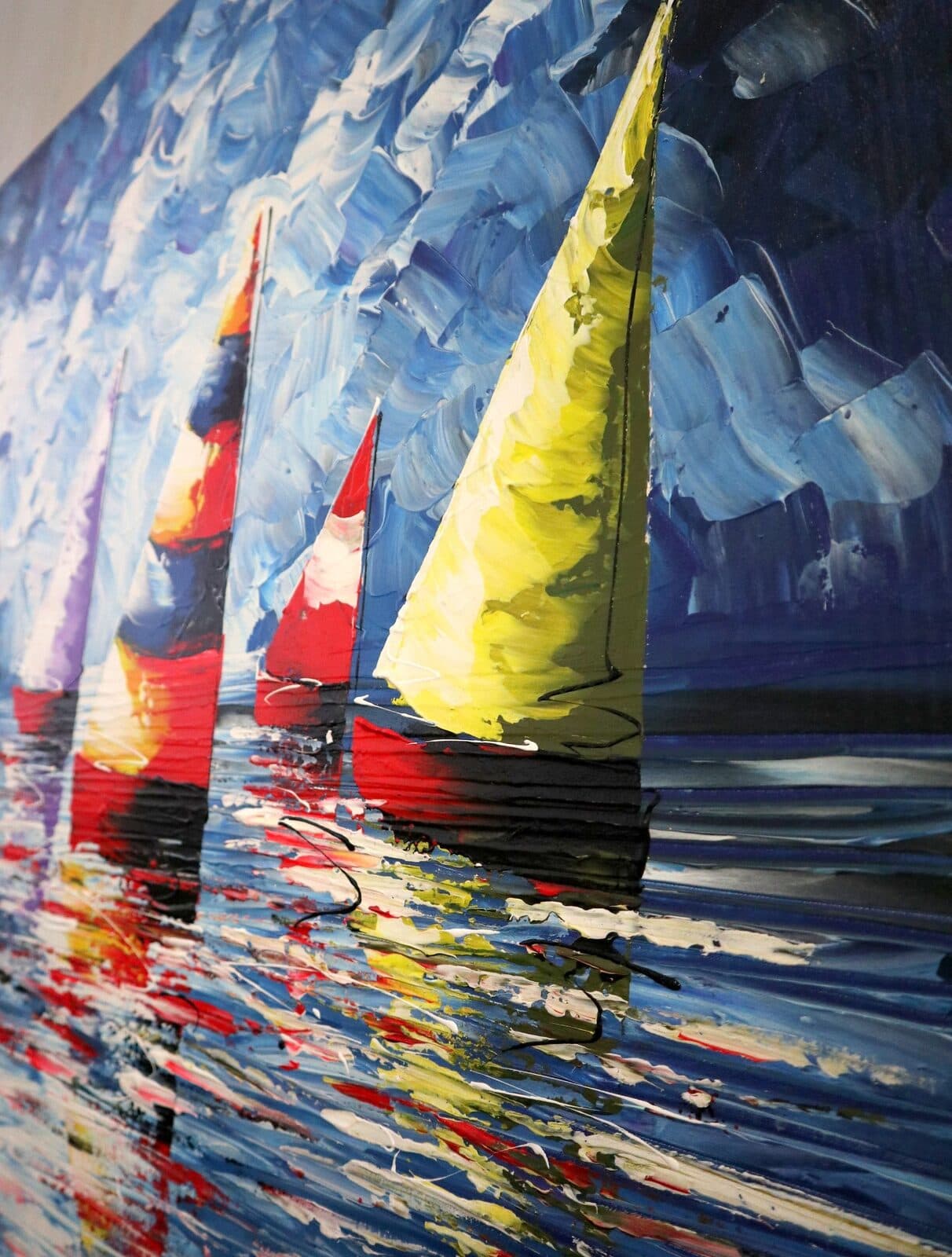 Quadro Vele Colorate su Mare – Dipinto a Mano in Acrilico, Arte Indonesiana per Case Moderne e Ambienti Coastal - 7
