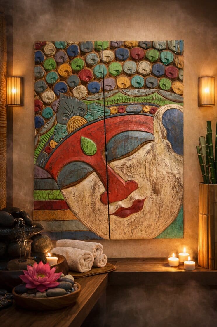 Quadro Scultura Buddha in Legno Scolpito e Dipinto a Mano 60x81 cm – Pannello Artistico Indonesiano Zen Spa - 2