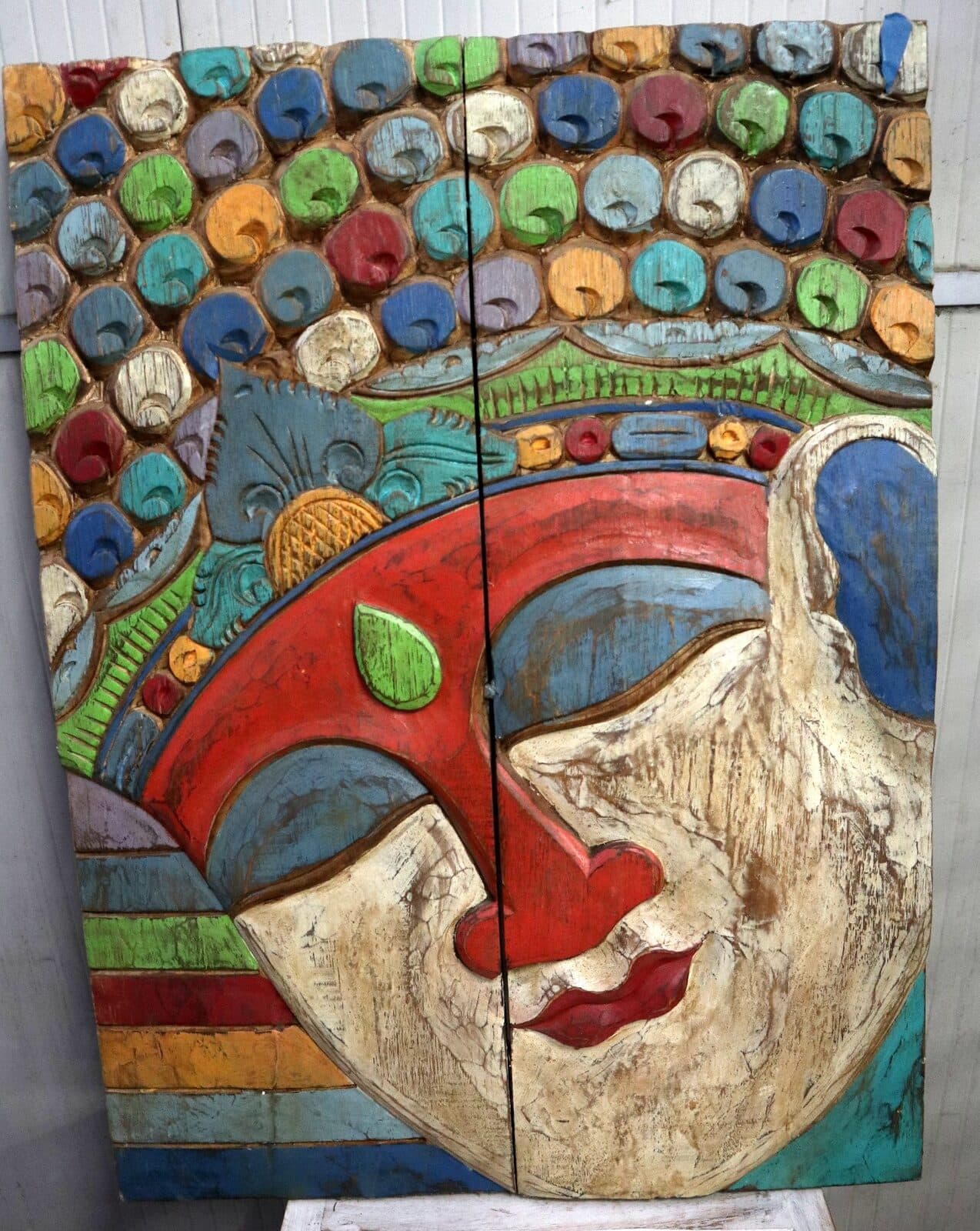 Quadro Scultura Buddha in Legno Scolpito e Dipinto a Mano 60x81 cm – Pannello Artistico Indonesiano Zen Spa - 3