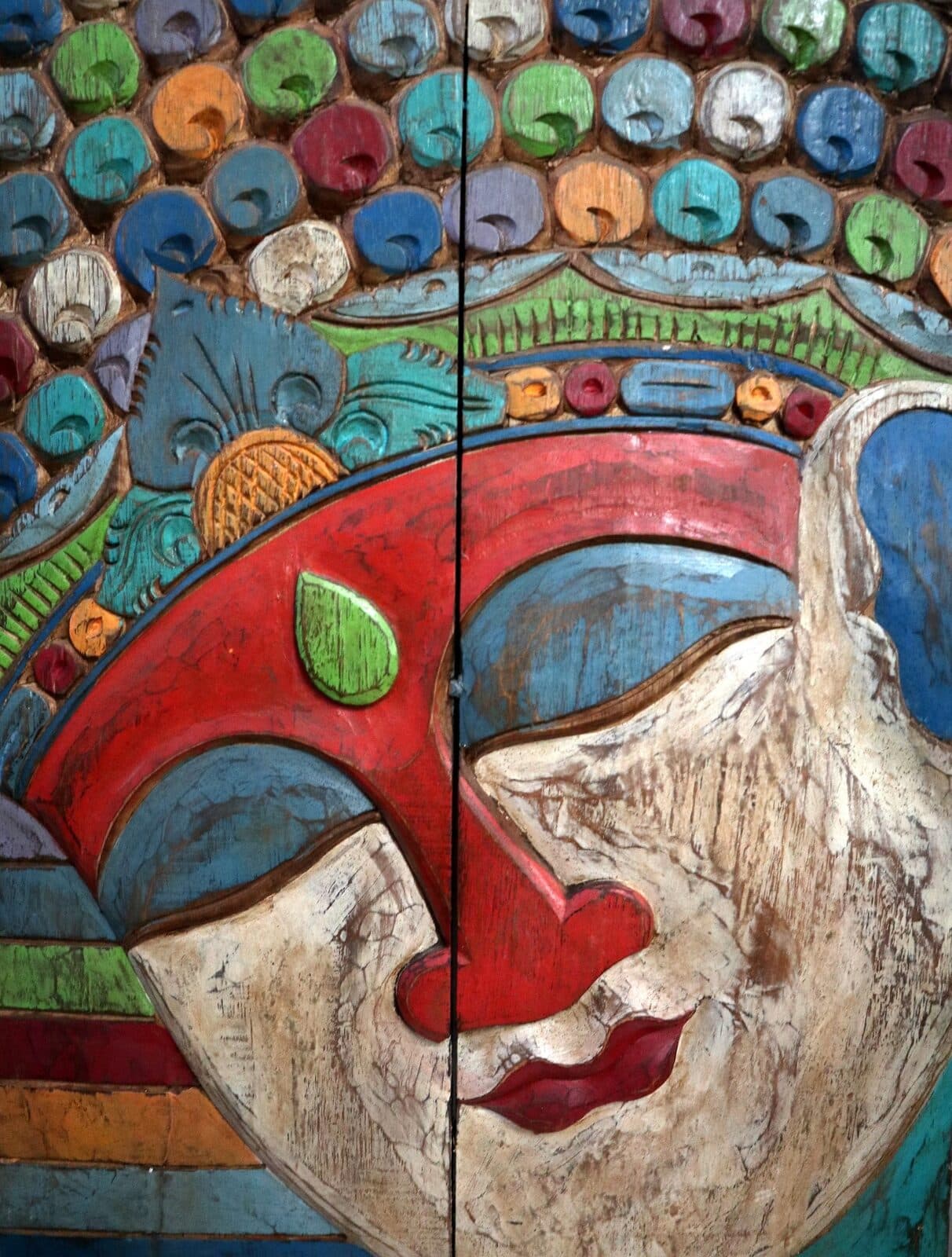 Quadro Scultura Buddha in Legno Scolpito e Dipinto a Mano 60x81 cm – Pannello Artistico Indonesiano Zen Spa - 4
