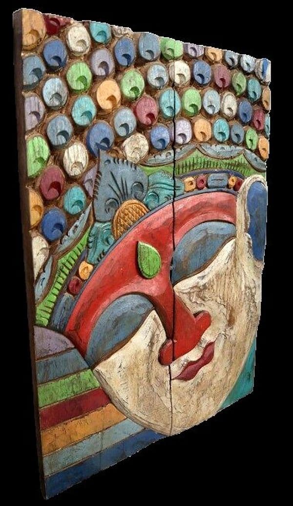 Quadro Scultura Buddha in Legno Scolpito e Dipinto a Mano 60x81 cm – Pannello Artistico Indonesiano Zen Spa - 5