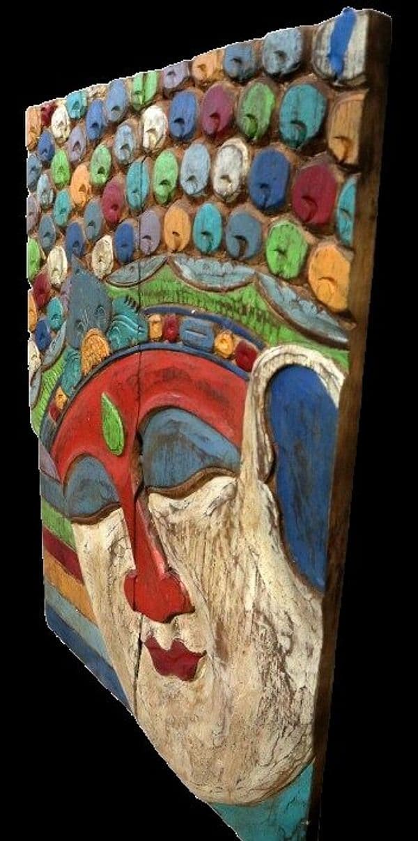 Quadro Scultura Buddha in Legno Scolpito e Dipinto a Mano 60x81 cm – Pannello Artistico Indonesiano Zen Spa - 6