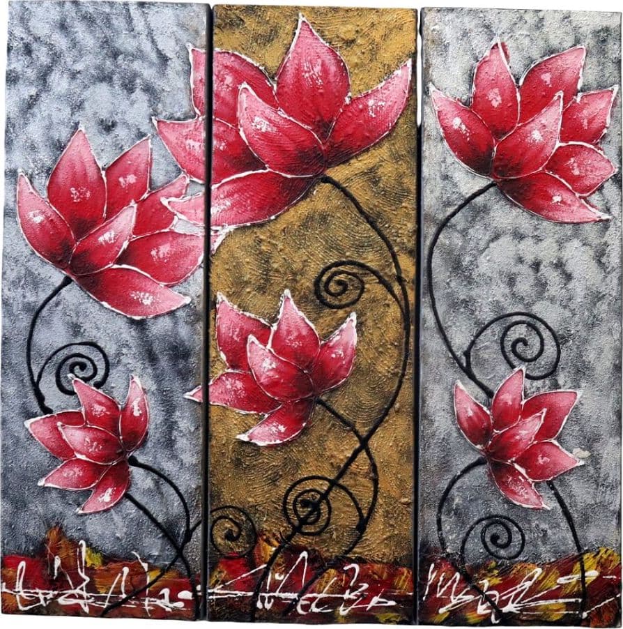 🌺 Quadro Moderno 3 Tele “Red Lotus Harmony” 90x90 cm – Dipinto a Mano in Acrilico Materico su Tela – Arte Indonesiana - 2