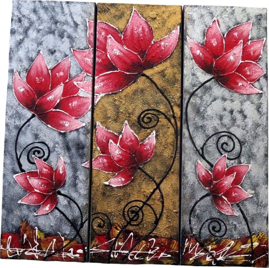 🌺 Quadro Moderno 3 Tele “Red Lotus Harmony” 90x90 cm – Dipinto a Mano in Acrilico Materico su Tela – Arte Indonesiana - 3