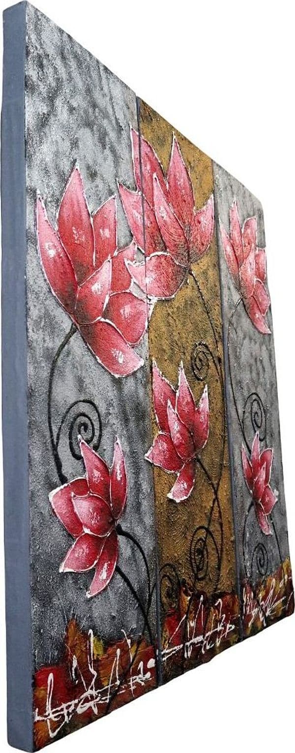 🌺 Quadro Moderno 3 Tele “Red Lotus Harmony” 90x90 cm – Dipinto a Mano in Acrilico Materico su Tela – Arte Indonesiana - 6
