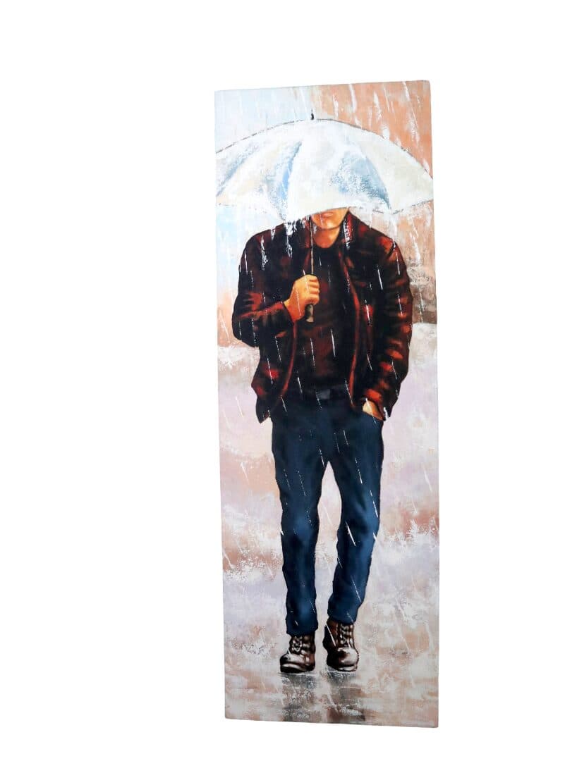 Quadro Moderno Verticale 150x50 cm – Uomo sotto la Pioggia – Dipinto a Mano su Tela – Arte Contemporanea Indonesiana - 2