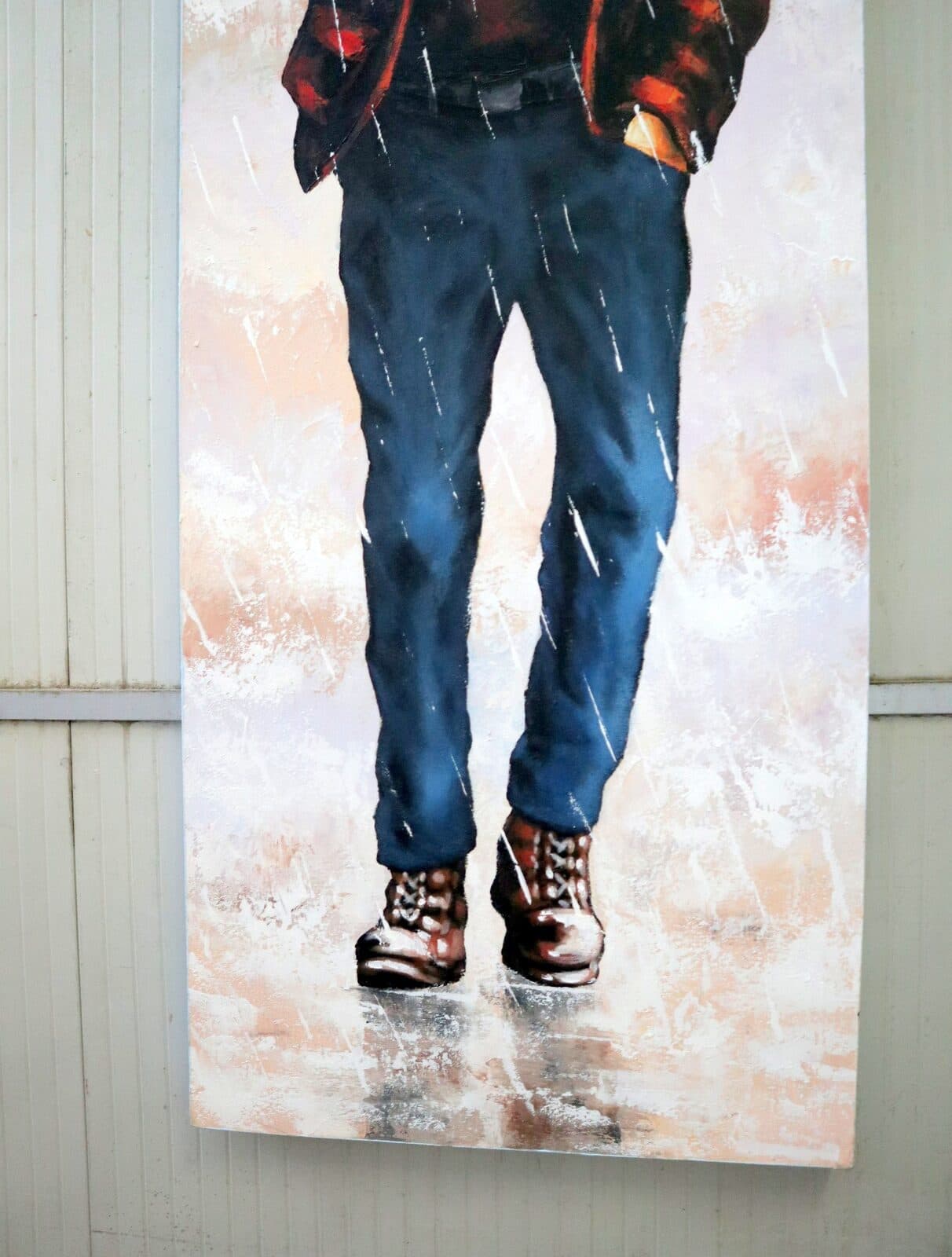 Quadro Moderno Verticale 150x50 cm – Uomo sotto la Pioggia – Dipinto a Mano su Tela – Arte Contemporanea Indonesiana - 4