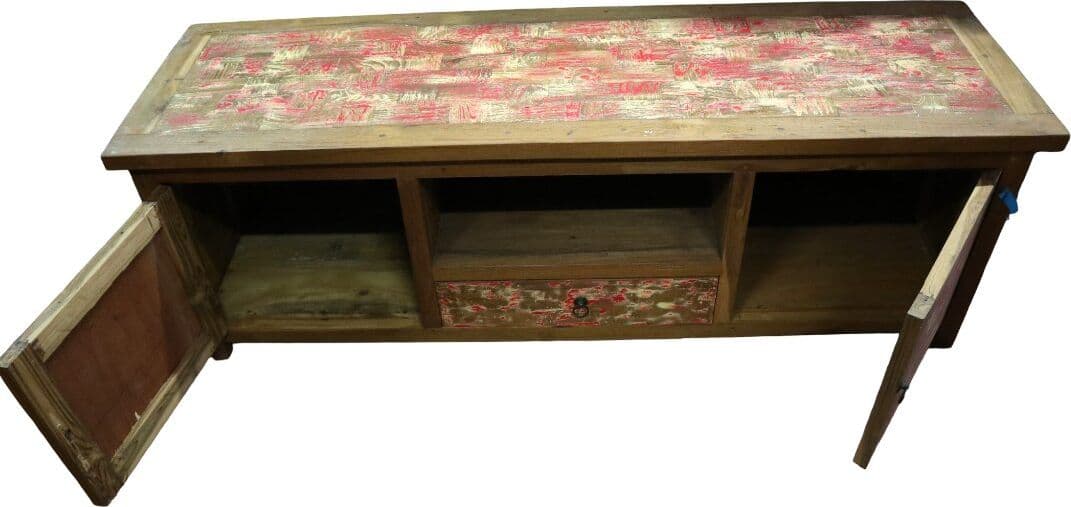 Mobile Porta TV Vintage in Legno di Recupero Indonesiano 150 cm – Credenza Artigianale Stile Industrial Nautico - 6