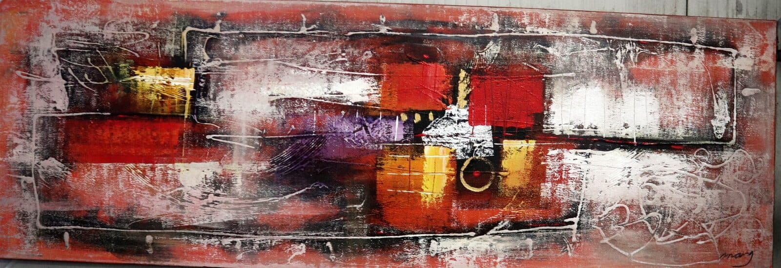 Quadro Astratto Moderno 60x180 cm – Dipinto a Mano su Tela | Stile Loft Industriale Rosso Nero Oro - 2