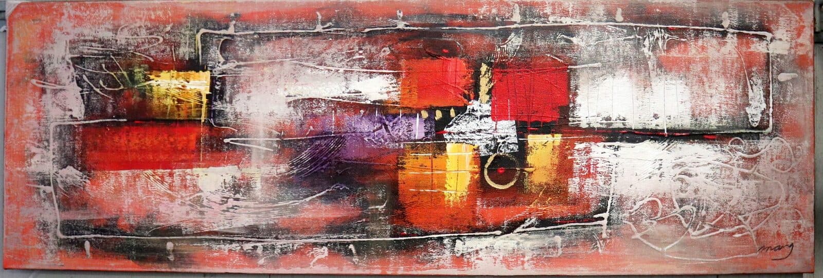 Quadro Astratto Moderno 60x180 cm – Dipinto a Mano su Tela | Stile Loft Industriale Rosso Nero Oro - 3