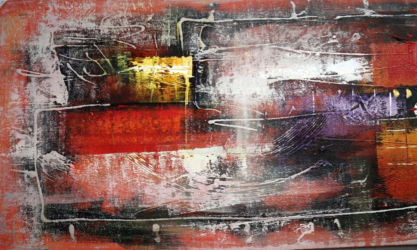 Quadro Astratto Moderno 60x180 cm – Dipinto a Mano su Tela | Stile Loft Industriale Rosso Nero Oro - 4