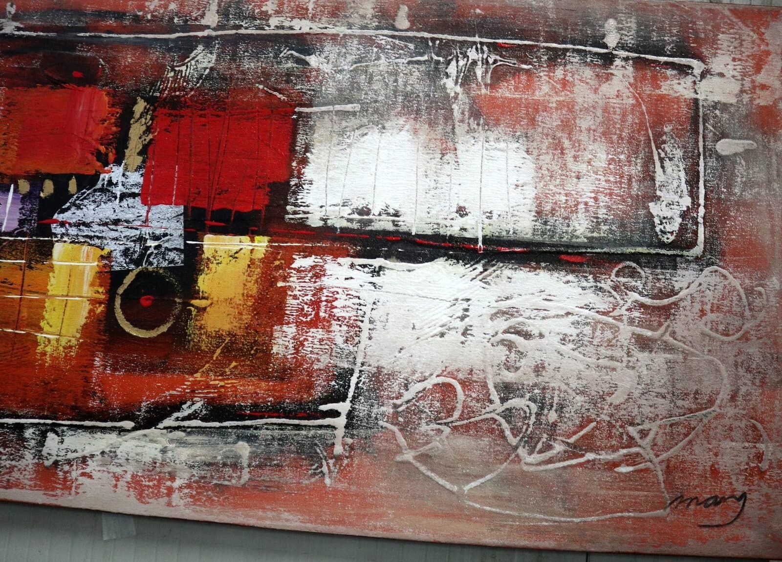 Quadro Astratto Moderno 60x180 cm – Dipinto a Mano su Tela | Stile Loft Industriale Rosso Nero Oro - 6