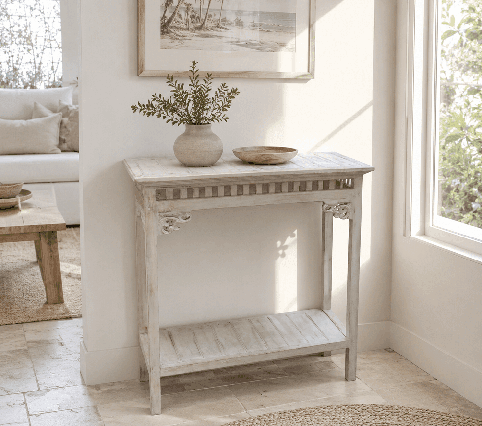 Consolle Artigianale Balinese in Legno di Albesia SBIANCATO – Mobile Etnico Chic 80x40x80 cm - 3