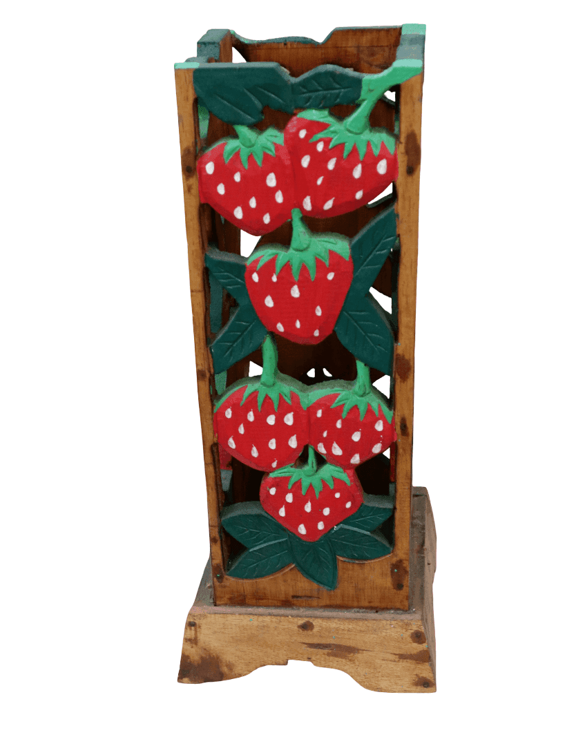 Porta Ombrelli Artigianale “Fragole Tropicali” in Legno – Dipinto a Mano in Indonesia – Complemento d’Arredo Etnico cm 22x24x53 - 3