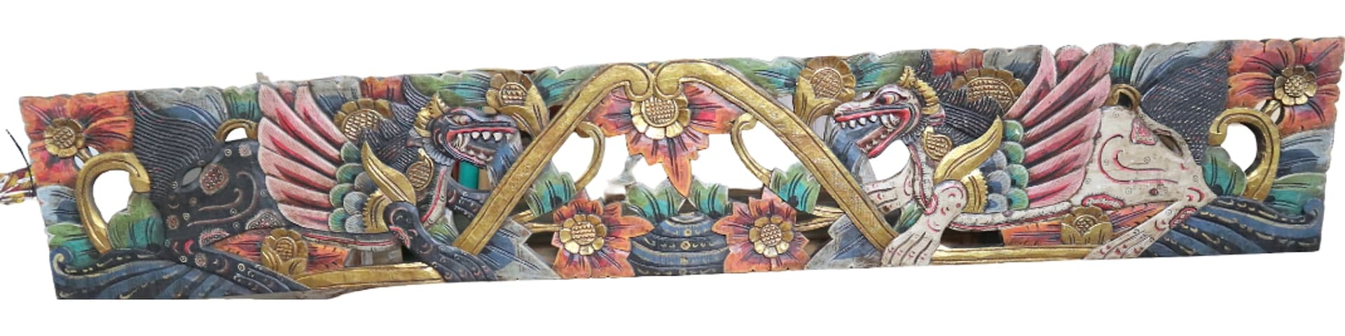 Grande Pannello Indonesiano Intagliato e Dipinto a Mano – Arte Tradizionale Balinese in Legno Massello 200 cm - 2