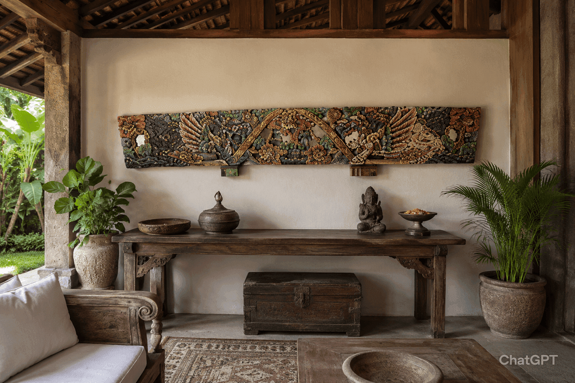 Grande Pannello Indonesiano Intagliato e Dipinto a Mano – Arte Tradizionale Balinese in Legno Massello 200 cm - 4