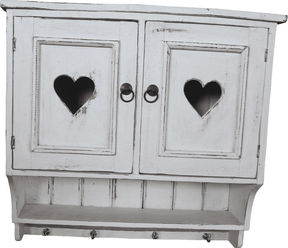 Mobile Pensile Country in Legno di Albesia Bianco Anticato con Cuori – Realizzato a Mano a Bali – 60x24x55 cm - 2