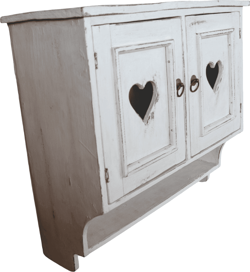 Mobile Pensile Country in Legno di Albesia Bianco Anticato con Cuori – Realizzato a Mano a Bali – 60x24x55 cm - 5